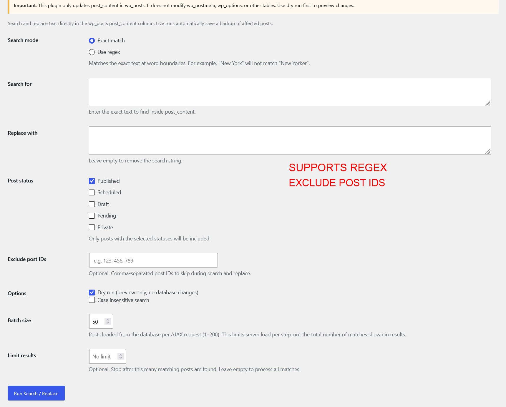 Search and replace form